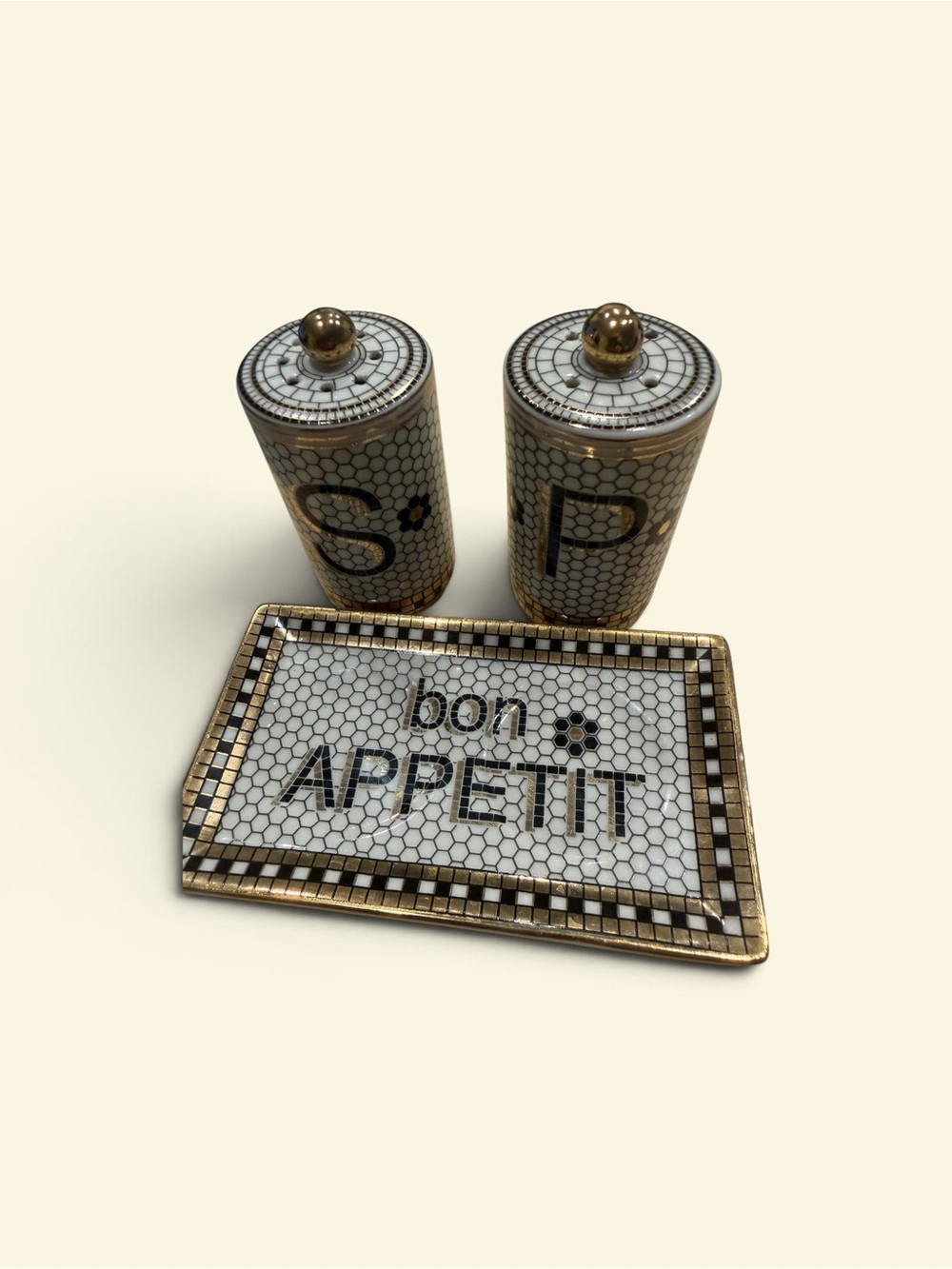 Anthropologie Bistro Tile Salt & Pepper Shaker Set with Tray